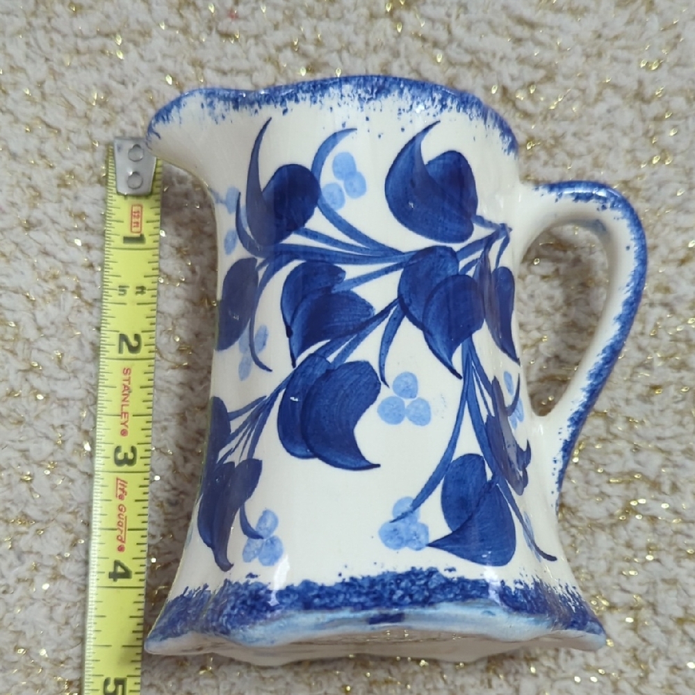 Vintage Clinchfield Cash Family Pottery Pitcher Hand Painted Blue Floral 4"